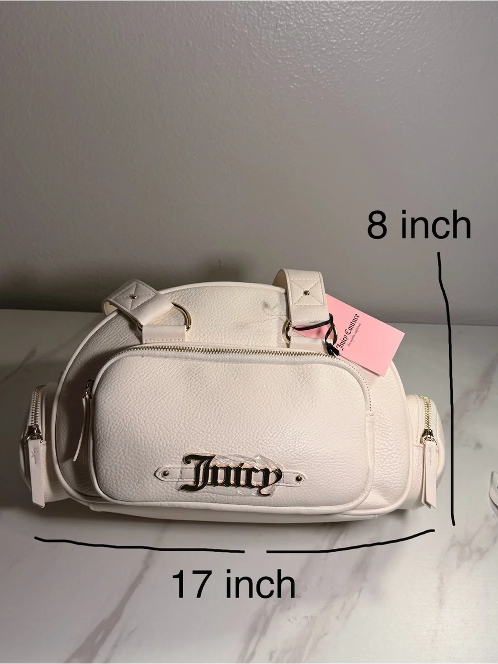Juicy Couture Cream Pebbled Leather Shoulder Bag with Logo Plaque
